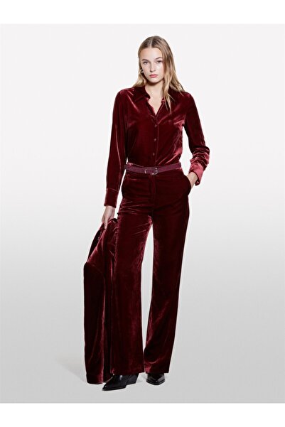 Sisley Viscose Blended Regular Fit Long Sleeve Velvet Shirt Women's Red Shirt - 324A51Eulq07Y