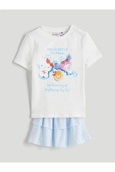 LC Waikiki Lcw Kids Ecru Crew Neck Hello Kitty Printed Girl's T-Shirt and Skirt