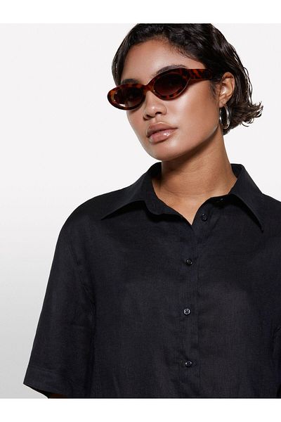 Sisley 100% Linen Short Sleeve Shirt Women's Black Shirt - 325P5Bmllq08U