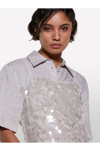 Sisley 100% Linen Short Sleeve Shirt Women's Gray Shirt - 325P5Bmllq08U