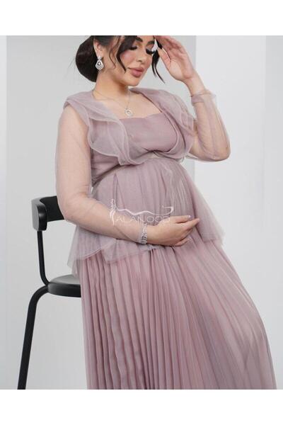 ALANOOD FASHION فستان حوامل سهرة لحمي بخامة تل ناعمة وأنيقة