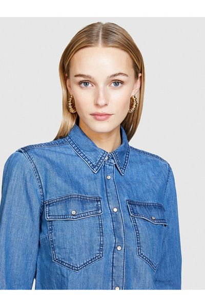 Sisley 100% Cotton Denim Shirt with Flap Pockets Women's Black Mix Shirt - 324P5Fv6Lq028