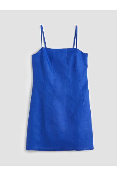 LC Waikiki Lcw Vision Indigo Square Neck Linen Mini Dress