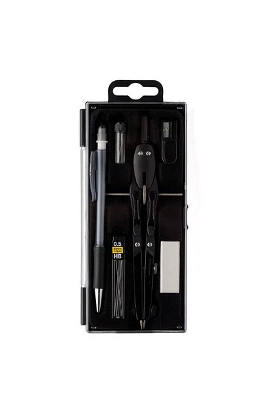 SyaMAG Set Instrumente Geometrie, 6 Piese, Compas Metalic cu Rotita, Creion Mecanic, Negru