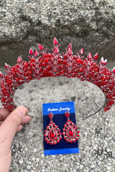 Hobigram مجموعة إكسسوارات يومية خاصة من Belicia Red Bridal Henna Crown للسيدات، مجموعة أقراط على شكل قطرة