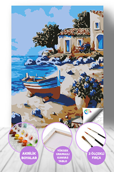Tuvalle Ege Sahil Köyü Sayılarla Boyama Seti, Hobi Seti, 40X50 Tablo, Fırça B...