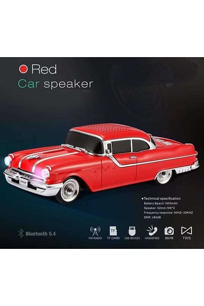 Generic Vintage Car Bluetooth Speaker – Retro Wireless Speaker with 1500mAh Battery & Stereo Sound, Red