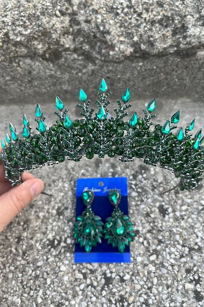 Hobigram Belicia Green Bridal Henna Crown Special Occasion Accessory Women's Crown and Wide Shuttle Earring Set