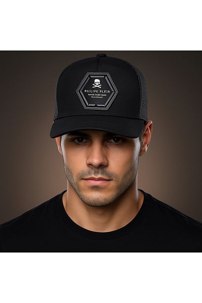 style iconic Philip Plain Limited Edition Trucker Cap – Black Hex Skull Logo