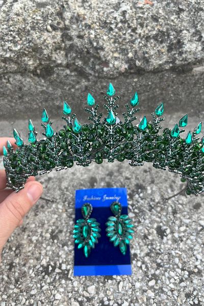 Hobigram Belicia Green Bridal Henna Crown Special Occasion Accessory Women's Crown and Thin Shuttle Earring Set