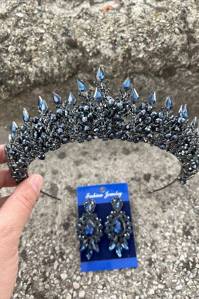 Hobigram Belicia Navy Blue Bridal Henna Crown Special Occasion Accessory Women's Crown and Three Shuttle Earrings Set
