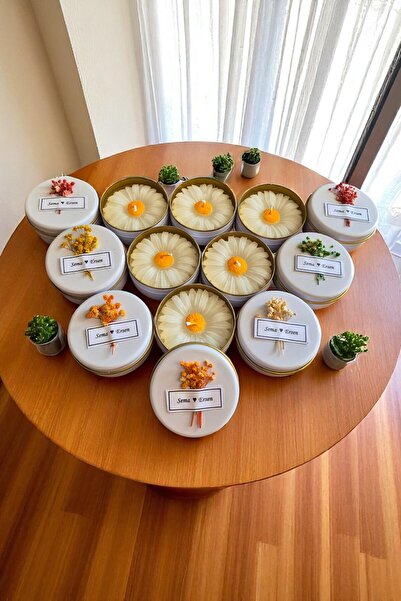 ERSE HOME 15 Adet Beyaz Metal Kutu İçinde Cipso Çiçek Detaylı ve Etiketli Papatya Mum. Düğün, Nişan,Kına,Doğum