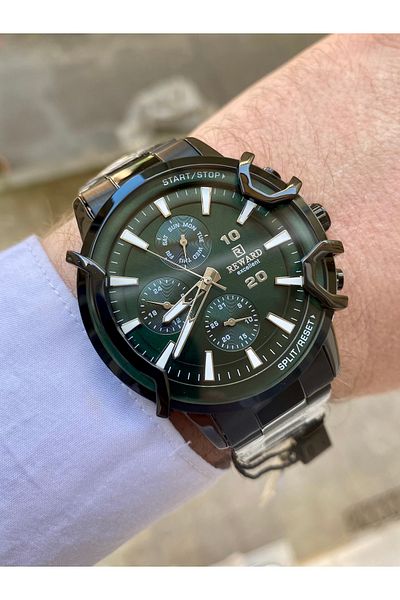 Reward Men's Wrist Watch Waterproof Active Black Color Steel Band with Calendar Functions