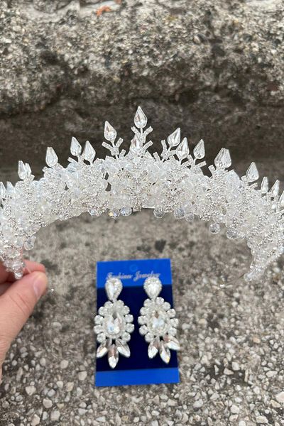 Hobigram Belicia Transparent Crystal Bridal Henna Crown Special Occasion Accessory Women's Crown and Three Shuttle Earrings Set