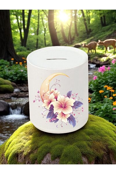 lili hediyelik Moon and Flower Printed 3-Piece Ceramic Piggy Bank