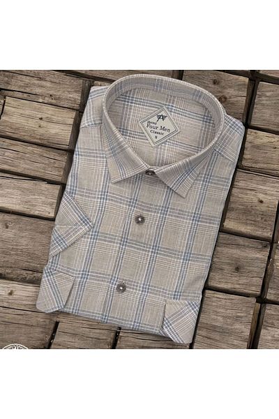 GÖMLEK GALERİSİ Men's Classic Loose Fit Double Pocket Plaid Linen Short Sleeve Shirt