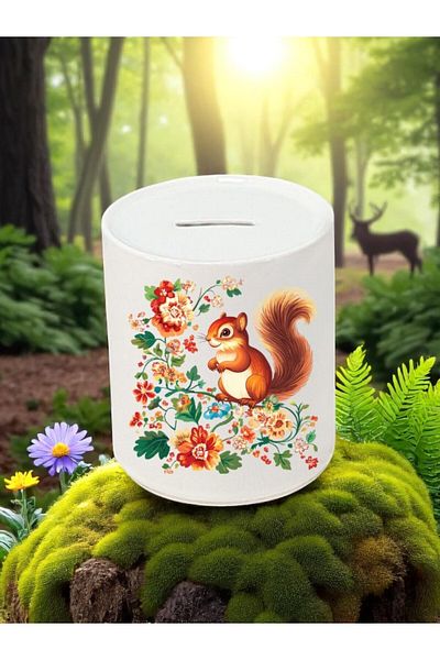 lili hediyelik Squirrel and Flower Pattern Printed 3-Piece Ceramic Piggy Bank