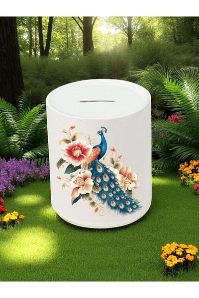 lili hediyelik Peacock and Flower Pattern Printed 3-Piece Ceramic Piggy Bank