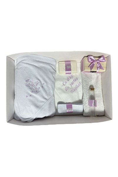 Botez Trusou botez ingeras, 7 piese, lila, in cutie, bumbac, cu mesajul "Cu d...