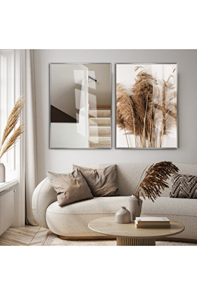 Harikabirev HARİKABİREV | COMBINAT CREAM KURU PAMPAS-MERDİVEN | TABLO DE STICLA CU CADRU 2 PIESE VERTICAL