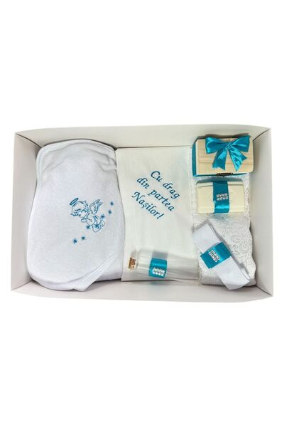 Botez Trusou botez ingeras, 7 piese, turcoaz, in cutie, bumbac, cu mesajul "C...