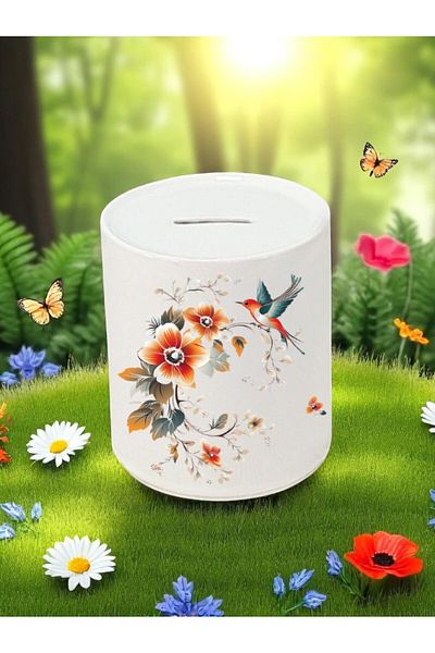 lili hediyelik Bird and Flower Pattern Printed 3-Piece Ceramic Piggy Bank