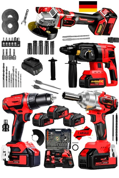 stilmax Kömürsüz RED4ST 20AHX 4'lü Set Akülü Şarjlı Vidalama + Somun Sökme + Taşlama + Kırıcı Delici Seti