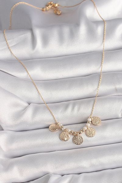 Skygo Brass Gold Color 5-Piece Ottoman Tuğra Figure Pearl Detail Women's Necklace - Tj-Bko9825