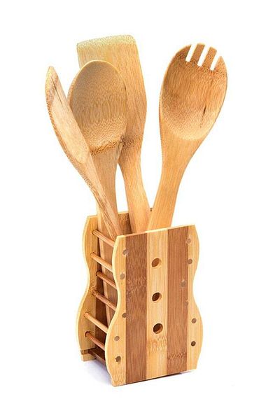 ROYALFORD 5 Piece Utensils Set Bamboo Cooking, Serving Wooden Spoon With Stand