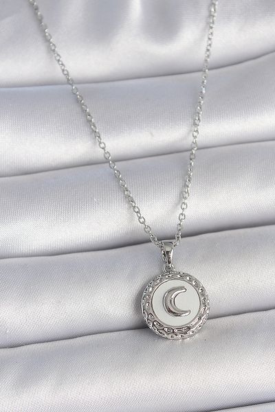 Skygo 316L Steel Silver Color Chain White Enamel Crescent Embroidered Medallion Model Women's Necklace - Tj-Bko10034