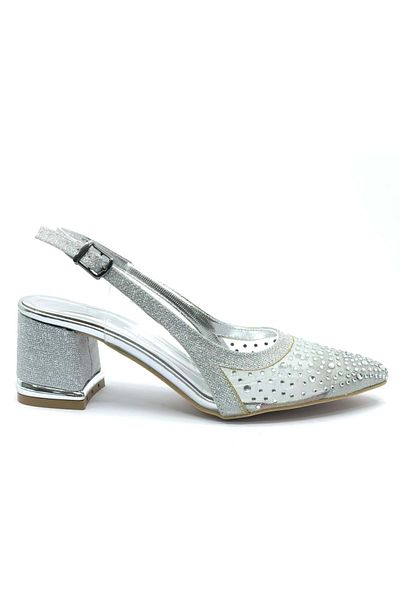 KOCAMANLAR Feles Open Back Transparent Stone Detailed Cinderella Women's Short Heeled Shoes Silver