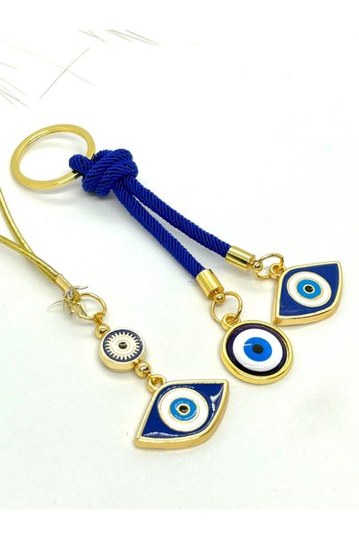 Azrua Navy Blue Eye Shaped Car Mirror Ornament, Car Charm and Navy Blue Eye Shaped Metal Keychain Set