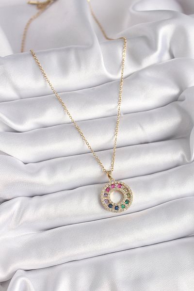 Skygo 316L Steel Gold Color Chain Colorful Zircon Stone Medallion Model Women's Necklace - Tj-Bko9490