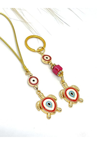 Azrua Ornament pentru oglindă auto cu broasca țestoasă de culoare roșie, amulete pentru mașină și set de brelocuri din metal cu broasca țestoasă roșie