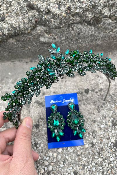 Hobigram Camilo Green Bridal Henna Crown Special Occasion Accessory Women's Crown and Three Shuttle Earrings Set