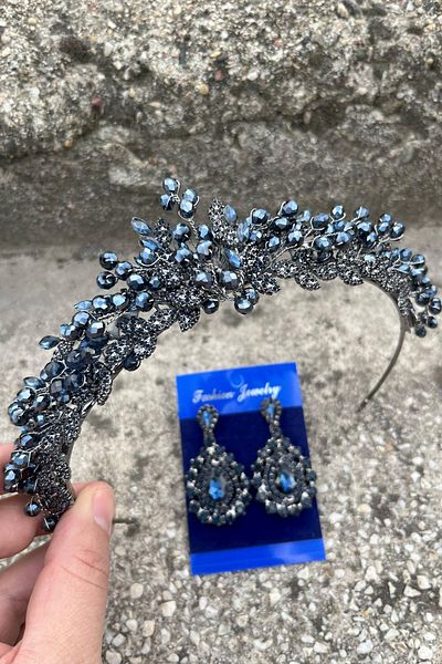 Hobigram Camilo Navy Blue Bridal Henna Crown Special Occasion Accessory Women's Crown and Drop Shuttle Earring Set