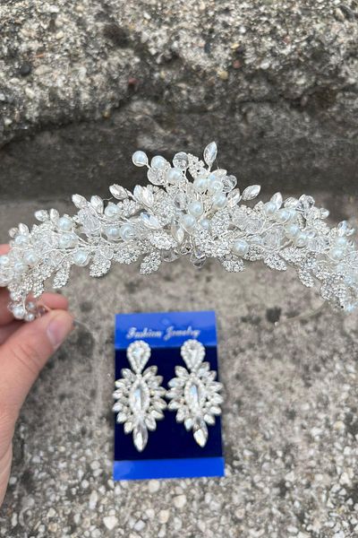 Hobigram Camilo Silver Bridal Henna Crown Special Occasion Accessory Women's Crown and Thin Shuttle Earrings Set