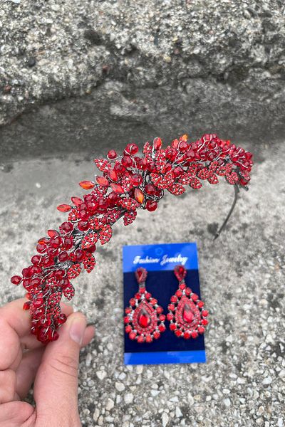 Hobigram Camilo Red Bridal Henna Crown Special Occasion Accessory Women's Crown and Drop Shuttle Earrings Set