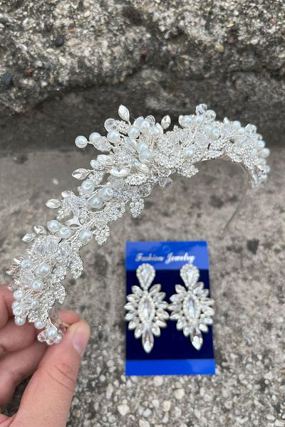 Hobigram Camilo Silver Bridal Henna Crown Special Occasion Accessory Women's Crown and Thin Shuttle Earrings Set