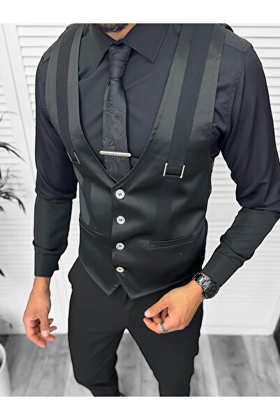 dehaine Men's vest, casual, glossy black, 13212, slim fit