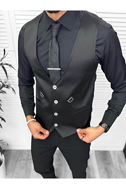 dehaine Men's vest, casual, glossy black, 13215, slim fit