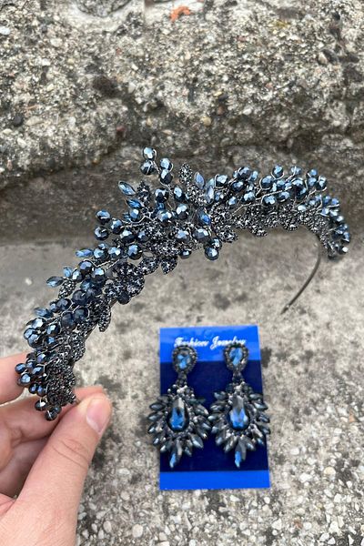 Hobigram Camilo Navy Blue Bridal Henna Crown Special Occasion Accessory Women's Crown and Wide Shuttle Earring Set
