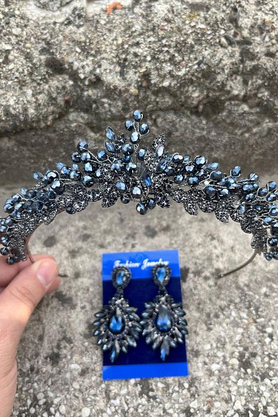 Hobigram Camilo Navy Blue Bridal Henna Crown Special Occasion Accessory Women's Crown and Wide Shuttle Earring Set