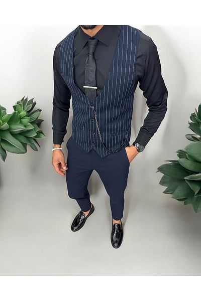 dehaine Men's vest, casual, navy blue with white stripes, 13214, slim fit
