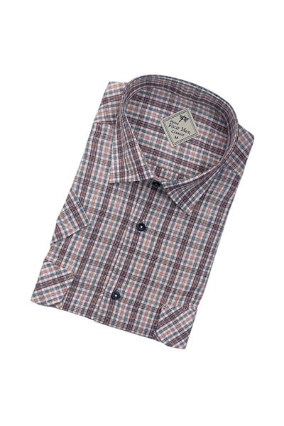 GÖMLEK GALERİSİ Men's Classic Loose Fit Double Pocket Plaid Linen Short Sleeve Shirt