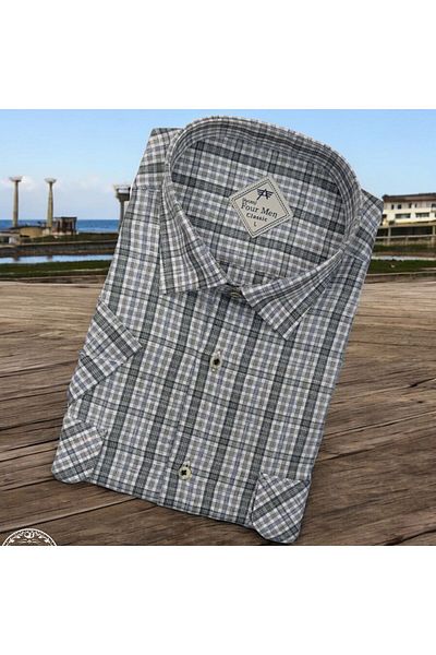 GÖMLEK GALERİSİ Men's Classic Loose Fit Double Pocket Plaid Linen Short Sleeve Shirt