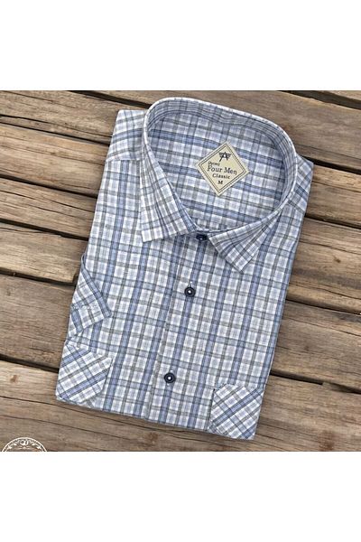 GÖMLEK GALERİSİ Men's Classic Loose Fit Double Pocket Plaid Linen Short Sleeve Shirt