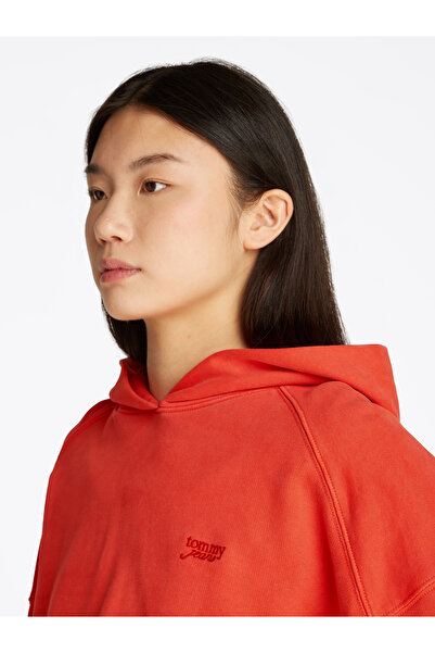 Tommy Hilfiger Tommy Hilfiger Women Bright Vermillion Logo Boxy Cropped Hoodie