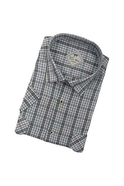 GÖMLEK GALERİSİ Men's Classic Loose Fit Double Pocket Plaid Linen Short Sleeve Shirt