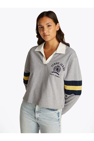 Tommy Hilfiger Women Grey Htr Varsity Crest Rugby Sweatshirt